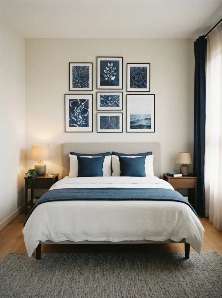 blue wall art focus dark blue bedroom idea 2026