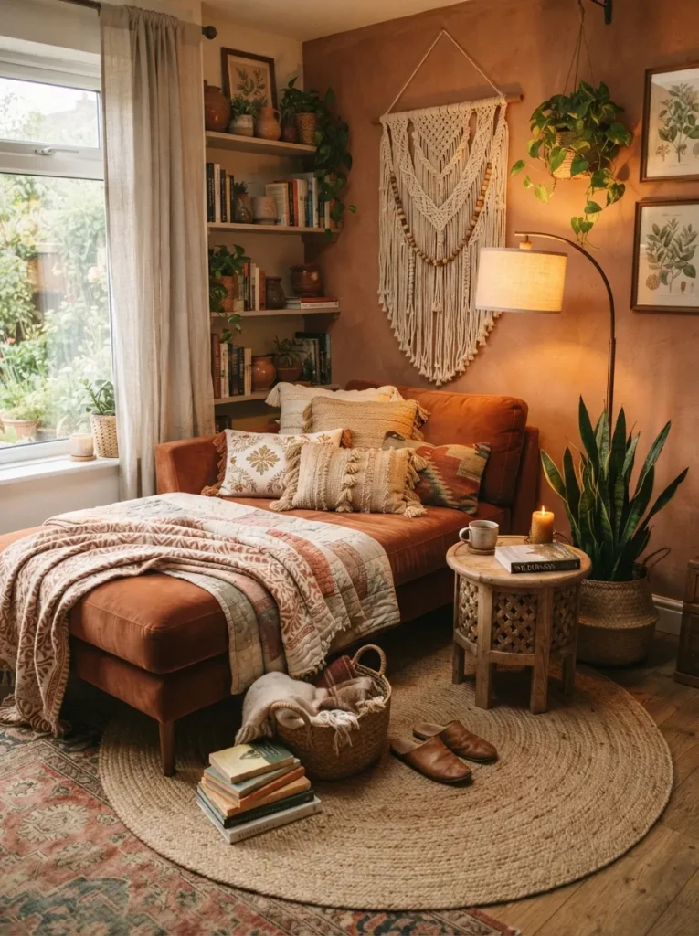 boho layered textures chaise lounge reading nook idea 2026