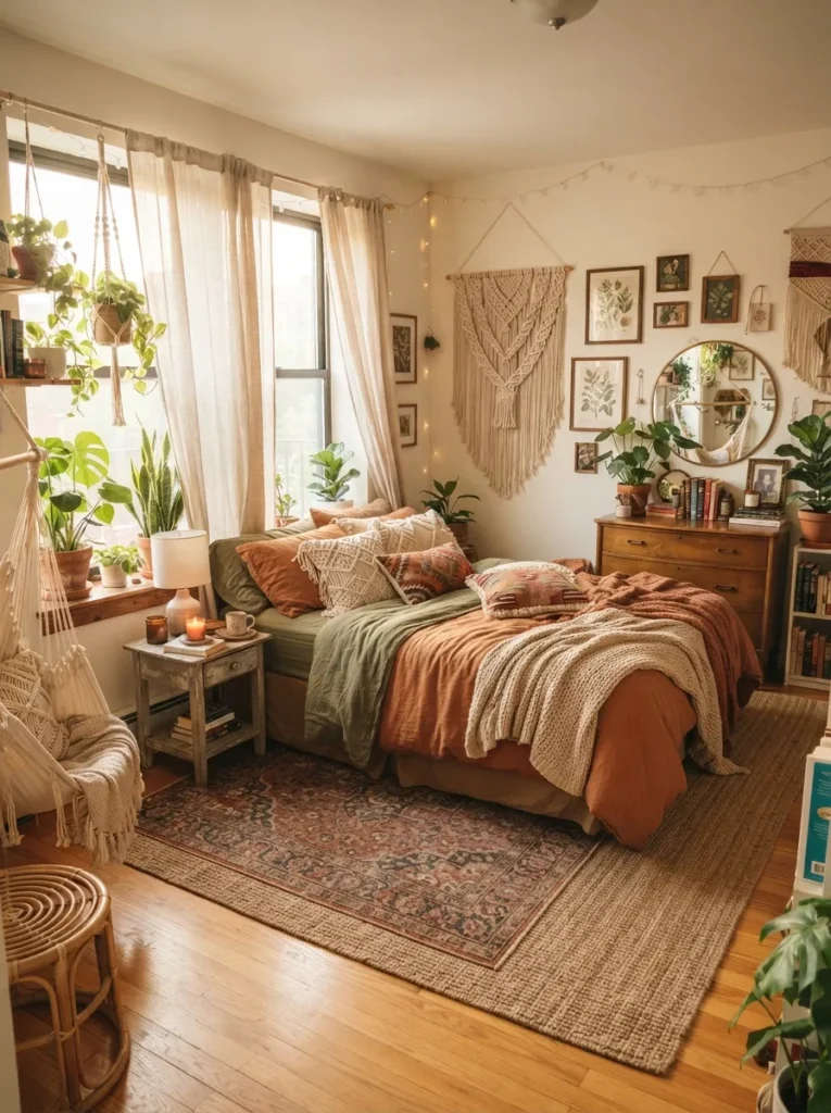 boho textile layers apartment bedroom decor idea 2026