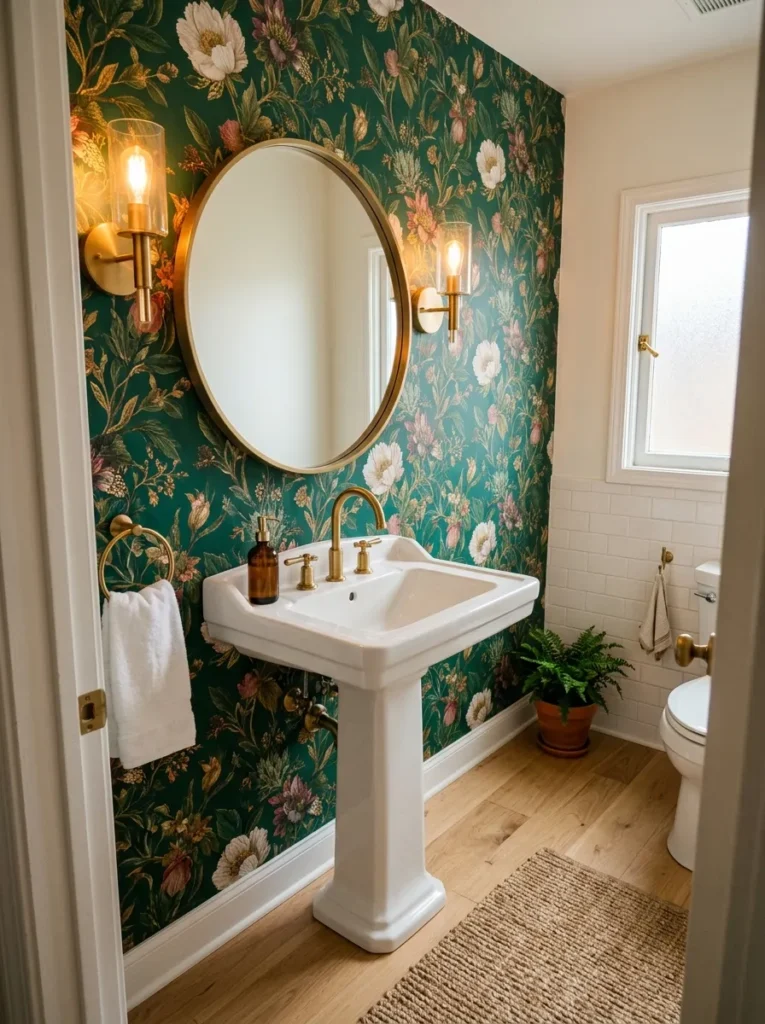 Stylish guest bathroom with bold floral wallpaper and bright decorative accents