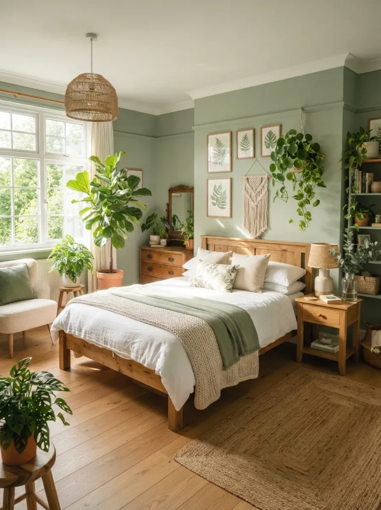 botanical decor touches sage green bedroom idea modern