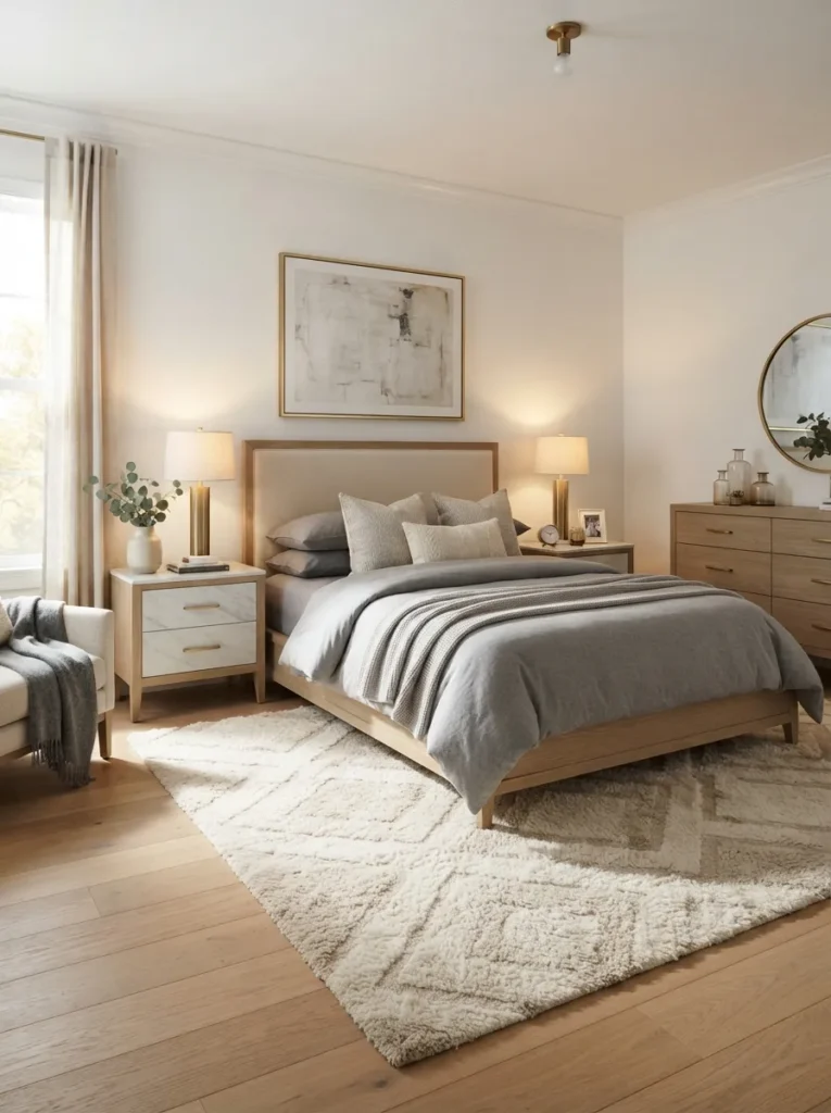 brass accent details gray and white bedroom idea modern