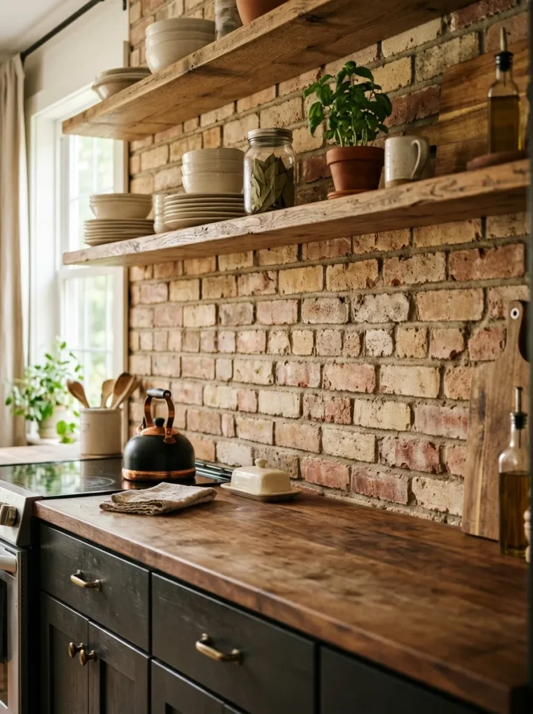 brick backsplash texture moody farmhouse kitchen idea modern