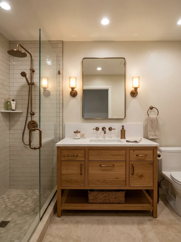 bronze fixture details earth tone bathroom design modern