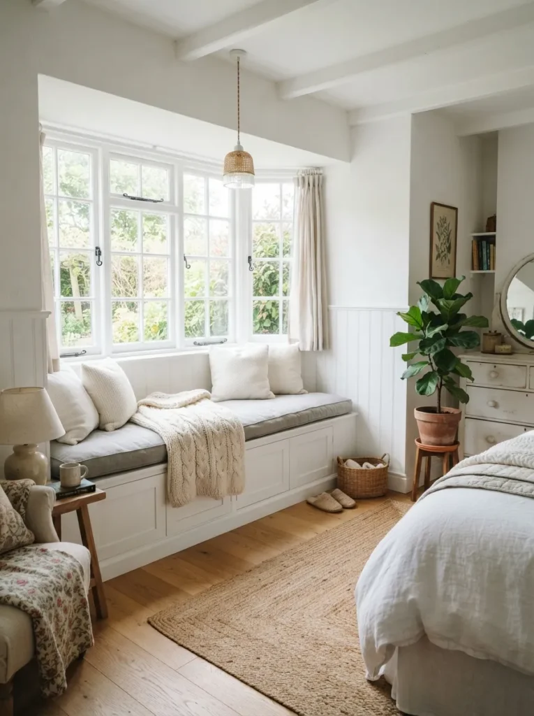 built in window seat gray and white bedroom idea 2026