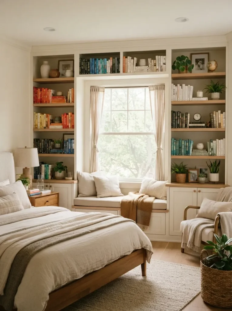 built in window shelves bedroom window idea 2026