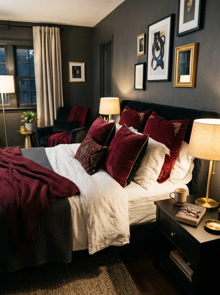 burgundy accent pieces dark feminine bedroom idea modern