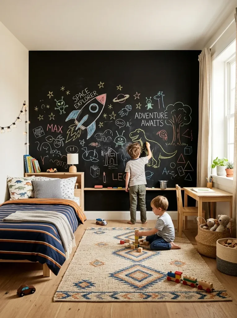 Creative boys bedroom with chalkboard paint wall and interactive drawing space