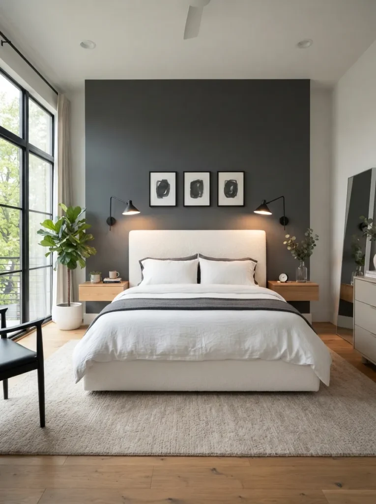 charcoal accent wall gray and white bedroom idea 2026