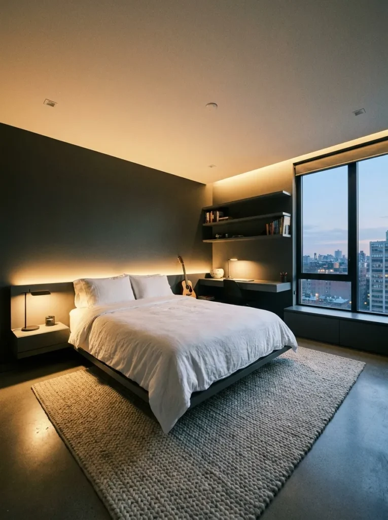 Modern boys bedroom with charcoal gray walls, warm lighting and minimal decor setup