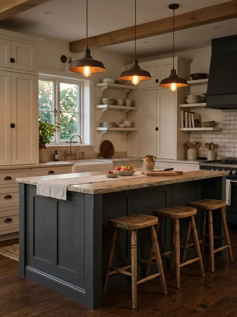 charcoal painted island moody farmhouse kitchen idea 2026