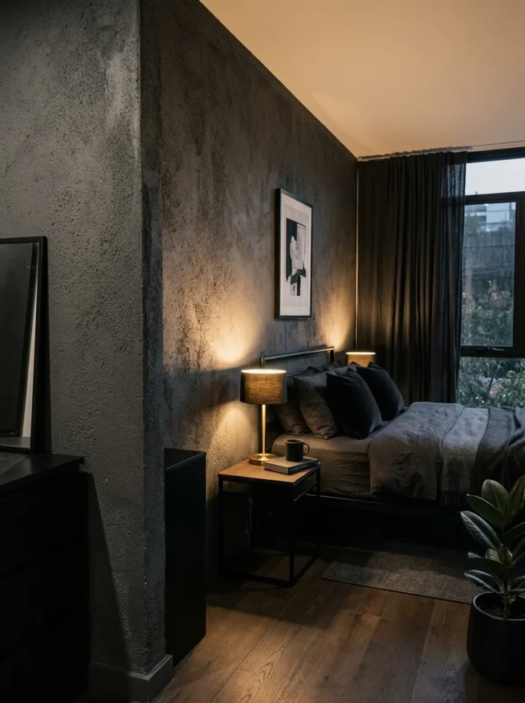 charcoal textured walls dark feminine bedroom idea modern