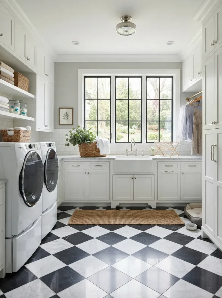 checkerboard flooring luxury laundry room idea modern