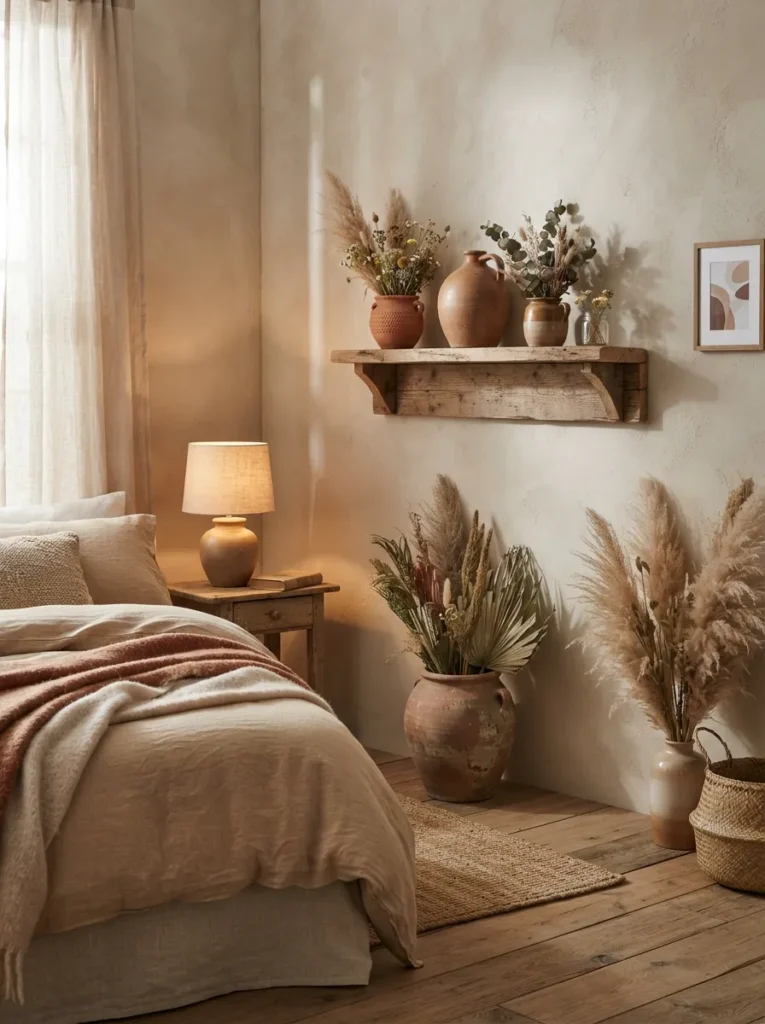 clay pot decor cozy earthy bedroom idea modern