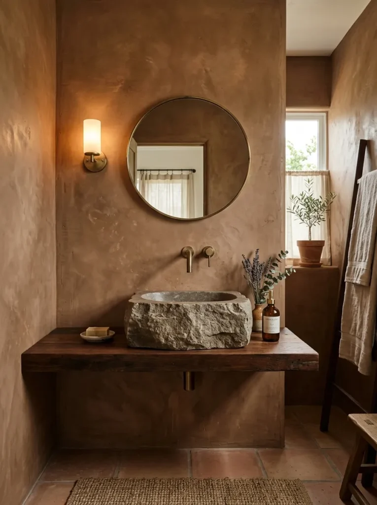 clay texture walls earth tone bathroom design modern