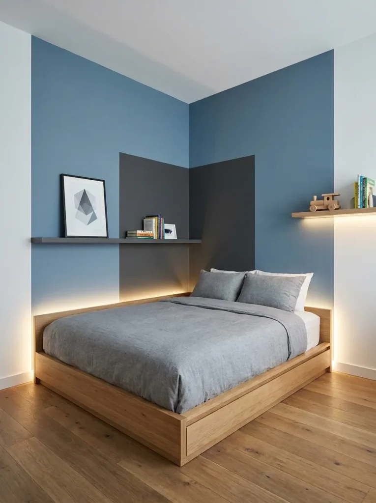 Boys bedroom with color block painted corners in muted tones creating modern focal point