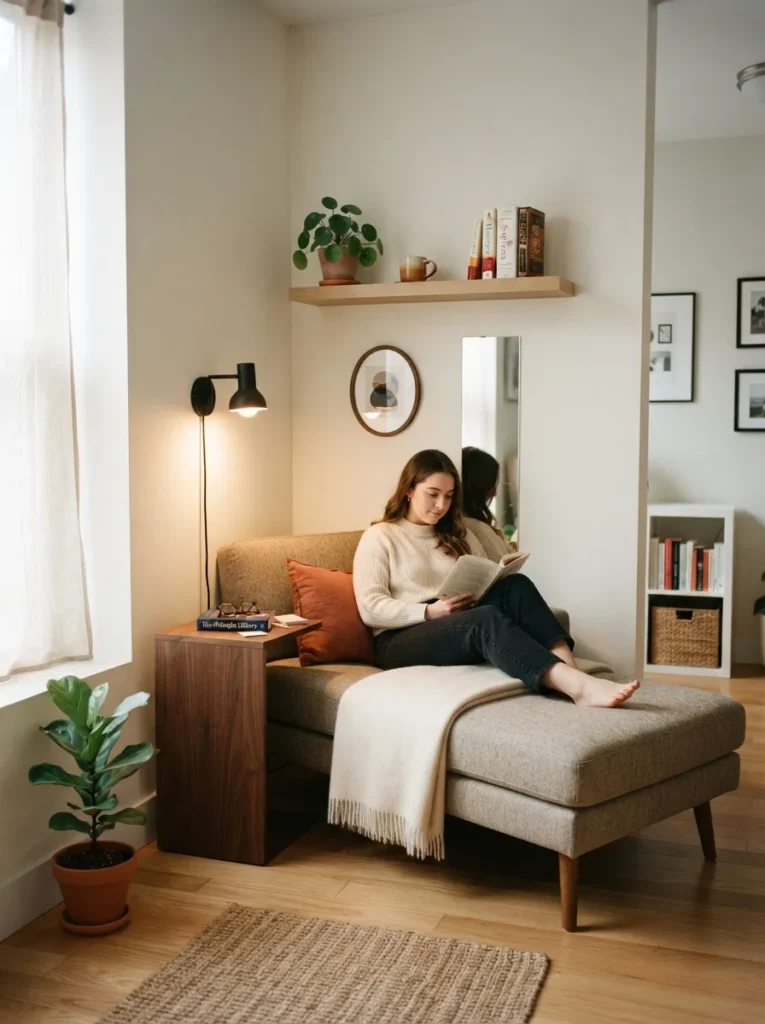 compact apartment corner chaise lounge reading nook idea 2026