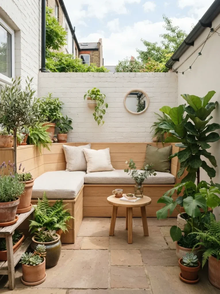 compact bench seating small patio decor idea modern