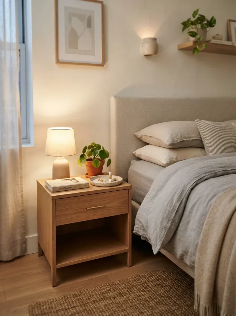 compact nightstand styling apartment bedroom decor idea 2026