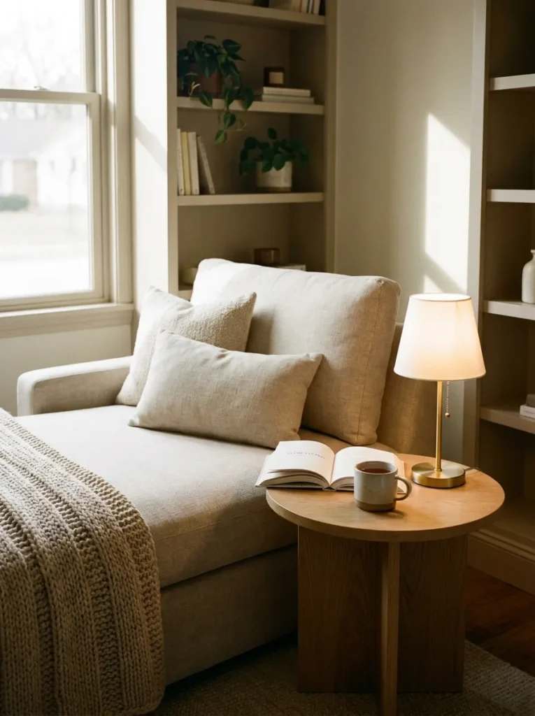 compact side table setup chaise lounge reading nook idea modern