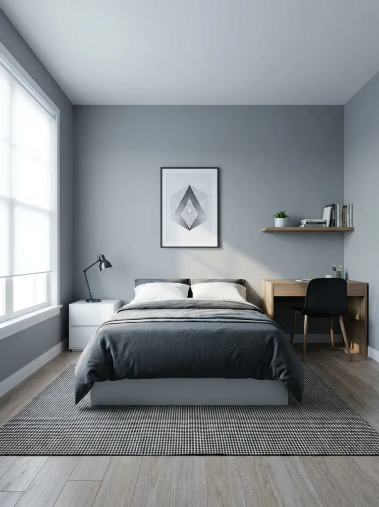 Minimal boys bedroom with cool gray walls, simple furniture and clean modern aesthetic