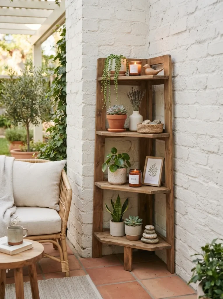 corner shelf styling small patio decor idea modern