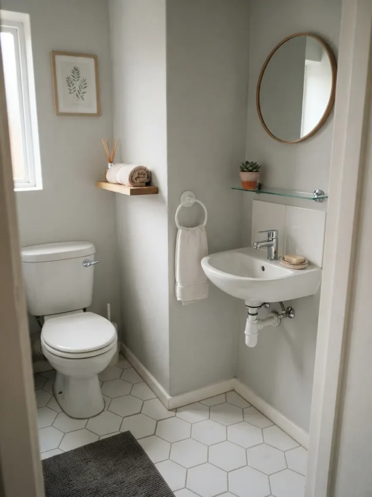 Small guest bathroom with compact corner sink maximizing space efficiently