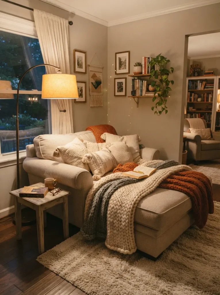 cozy blanket pile chaise lounge reading nook idea 2026
