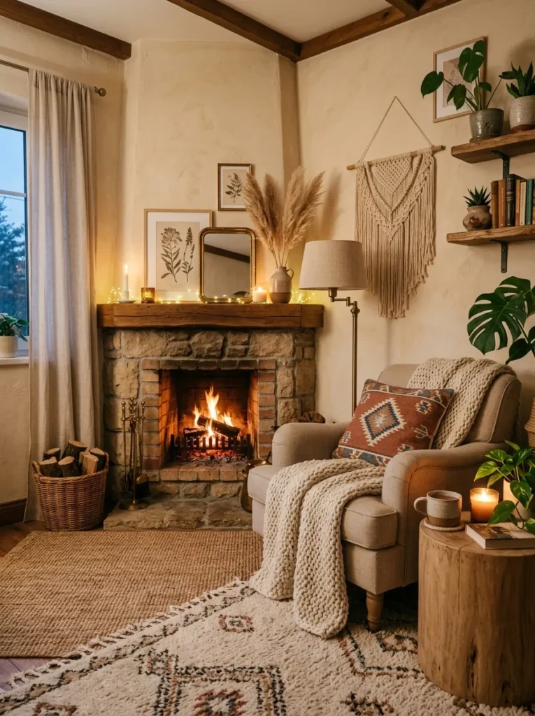 cozy corner fireplace boho living room idea modern