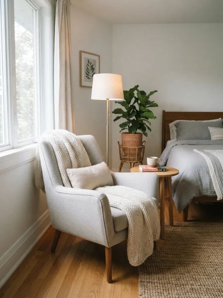 cozy reading corner gray and white bedroom idea 2026