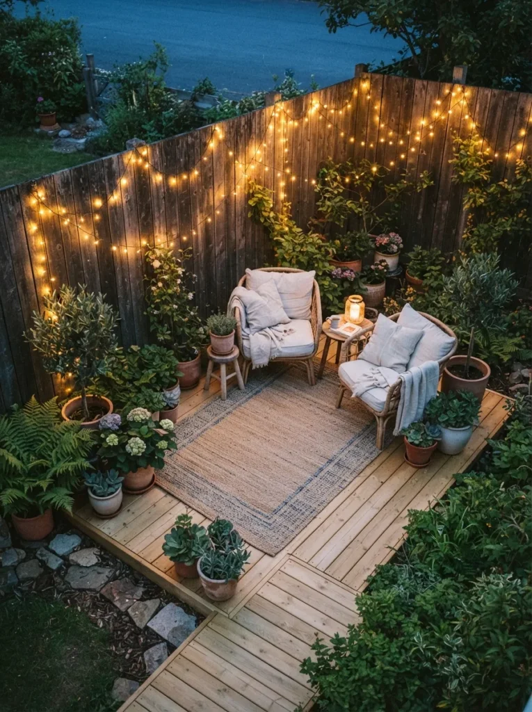 cozy string lights corner small patio decor idea 2026