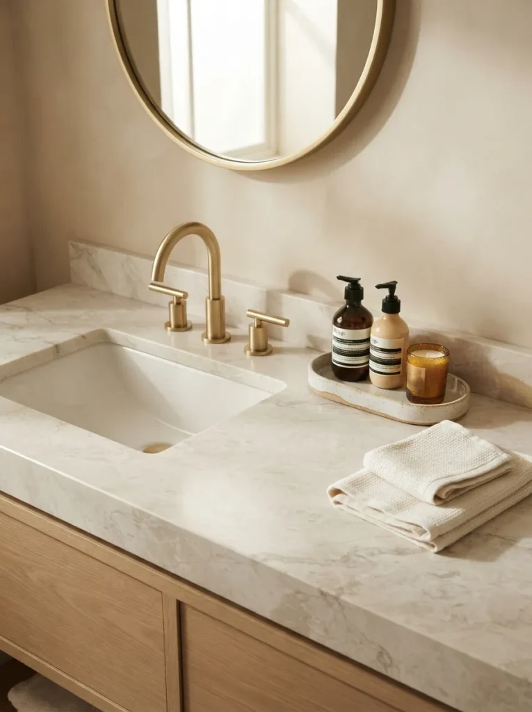 cream stone countertops warm neutral bathroom idea 2026