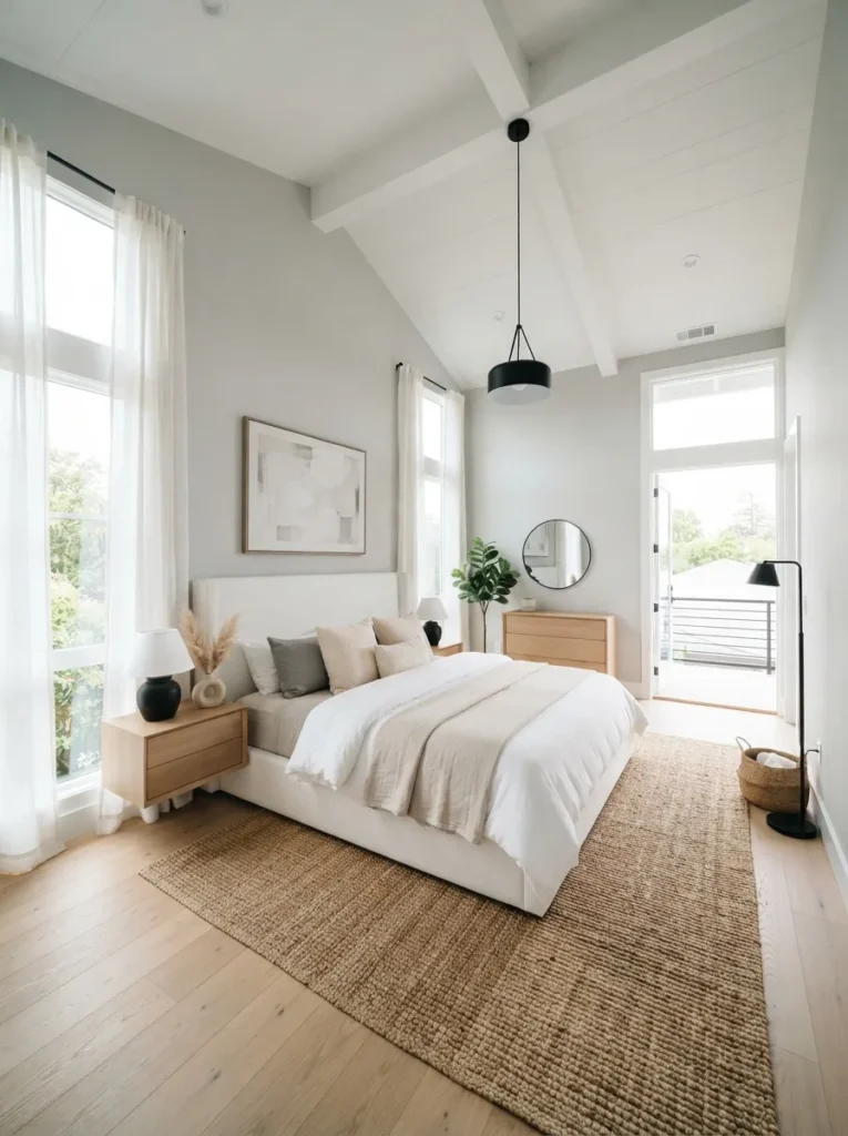 crisp white ceiling gray and white bedroom idea 2026