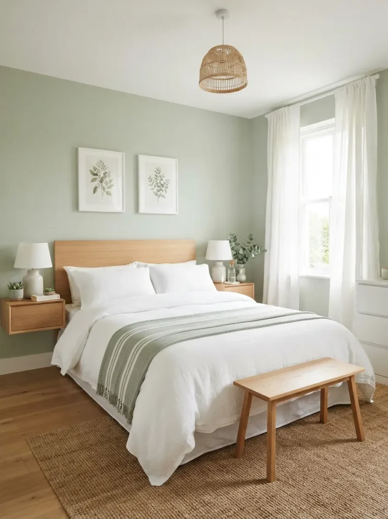 crisp white contrast sage green bedroom idea 2026