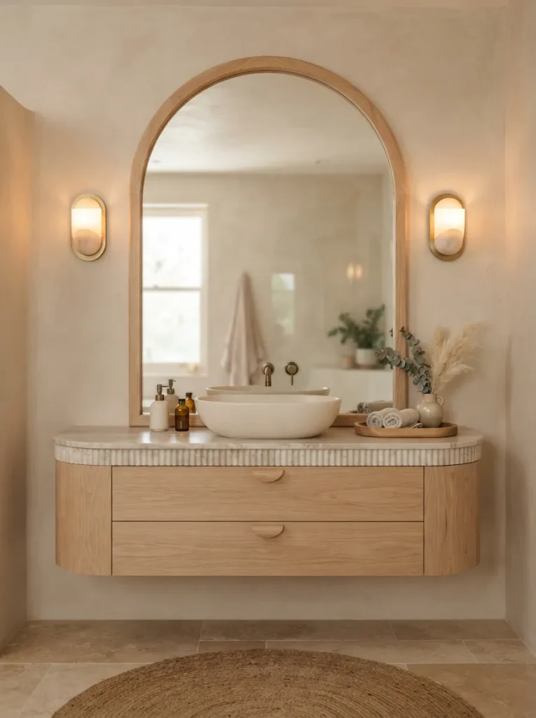 curved mirror shapes warm neutral bathroom idea 2026
