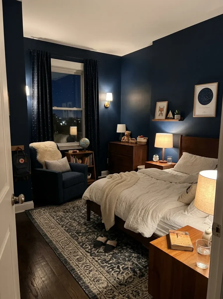 Cozy boys bedroom with dark blue walls, warm lighting and contrasting white bedding