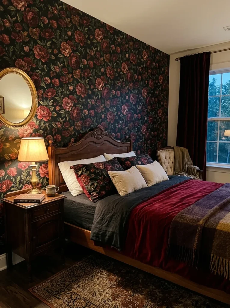 dark floral wallpaper dark feminine bedroom idea modern