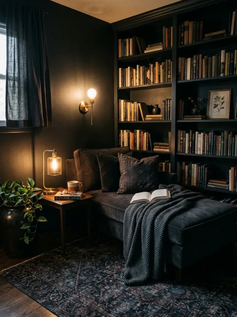 dark moody corner chaise lounge reading nook idea modern