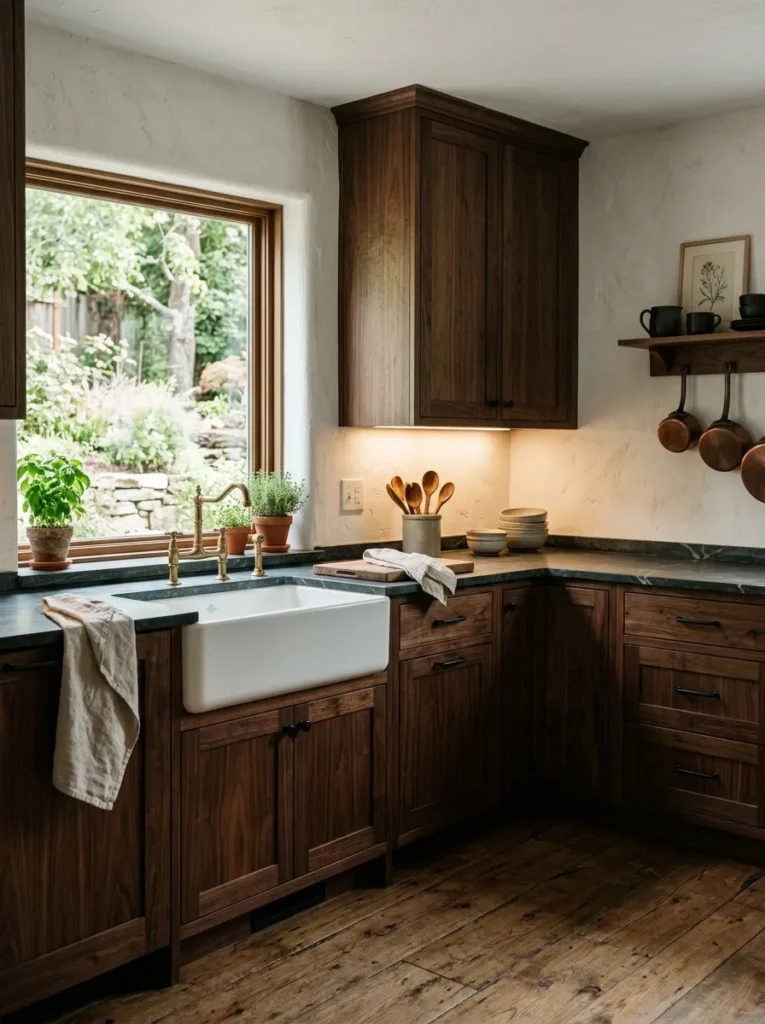 dark wood cabinets moody farmhouse kitchen idea 2026