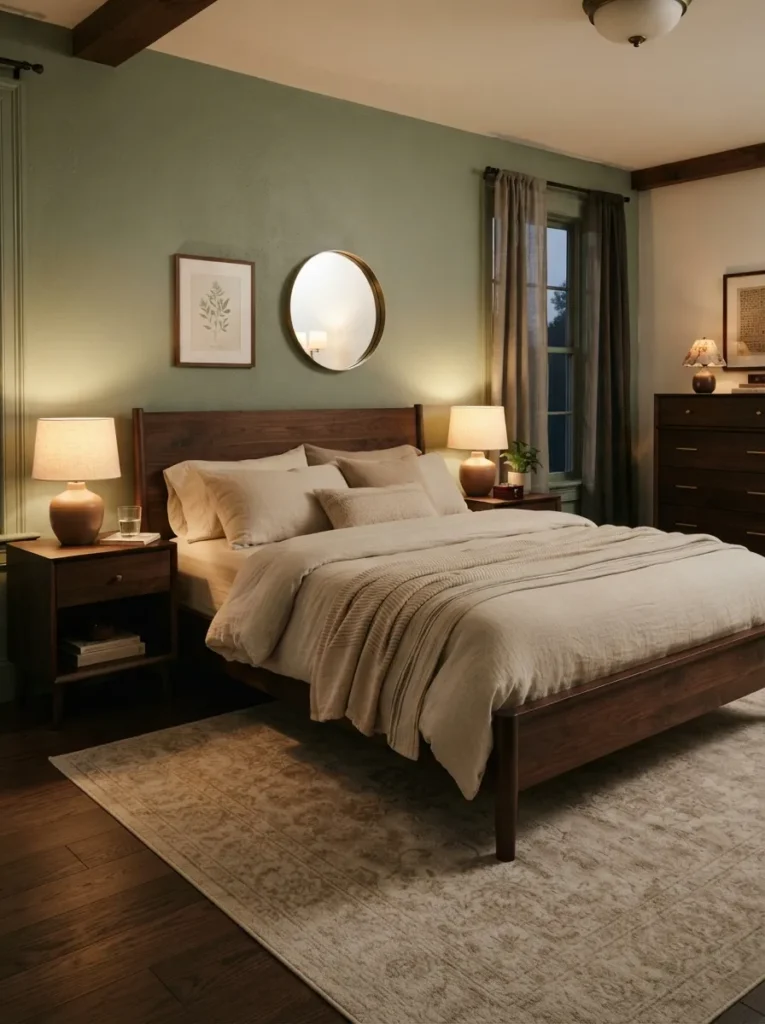 dark wood depth sage green bedroom idea modern