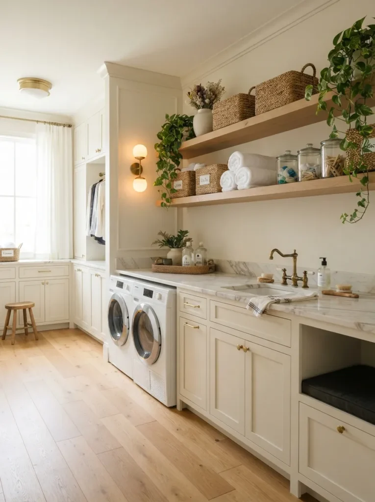 decorative open shelving luxury laundry room idea 2026