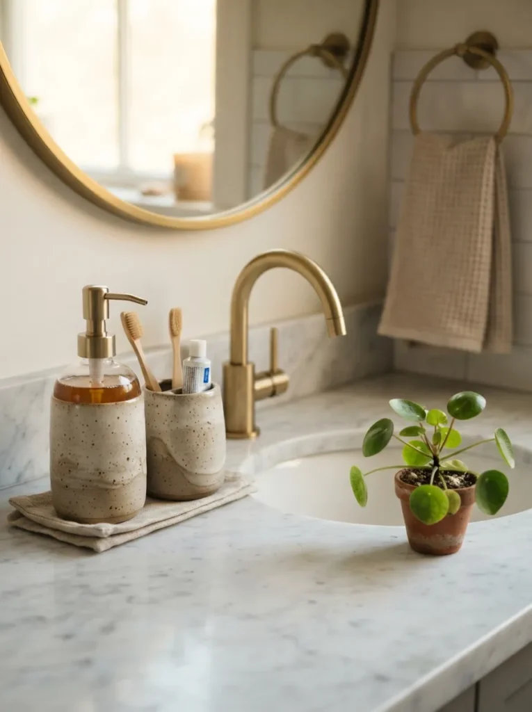 Bathroom sink styled with elegant soap dispenser and coordinated accessories