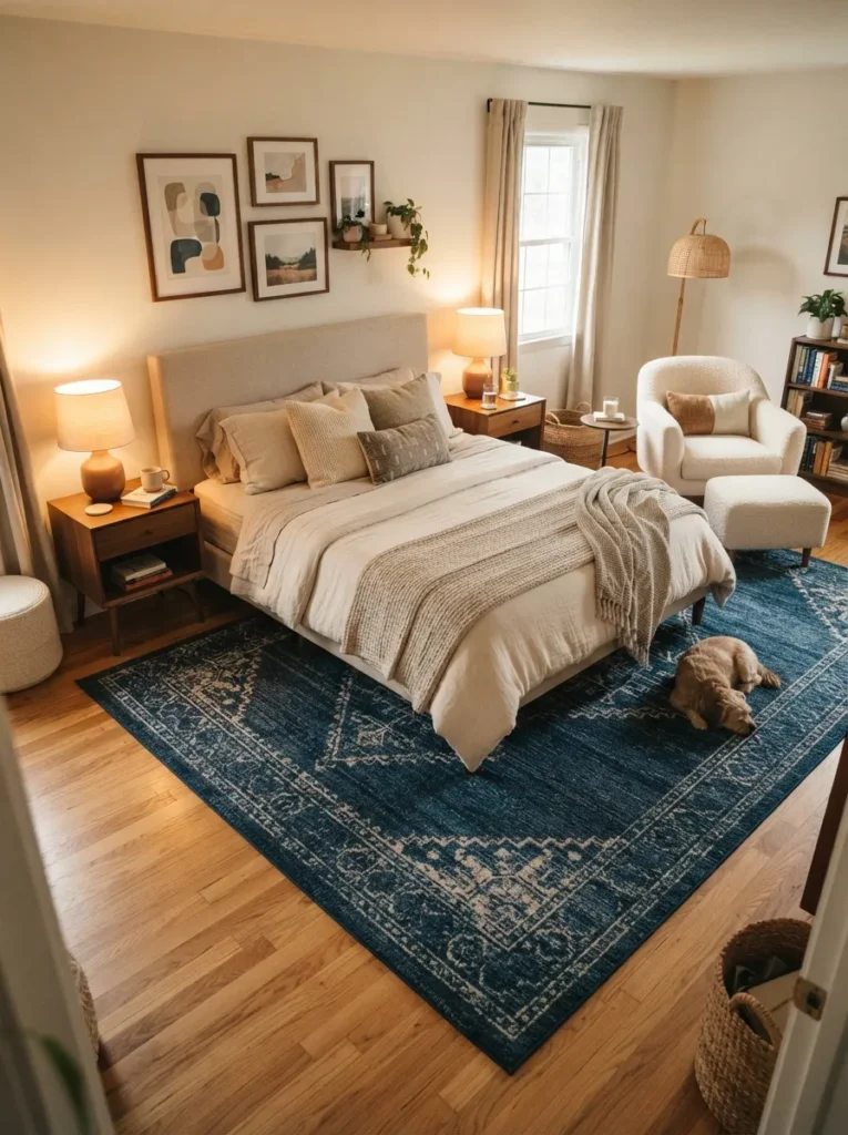 deep blue rug base dark blue bedroom idea modern