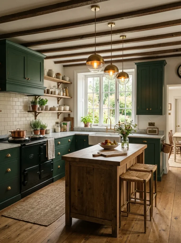deep green cabinetry moody farmhouse kitchen idea modern