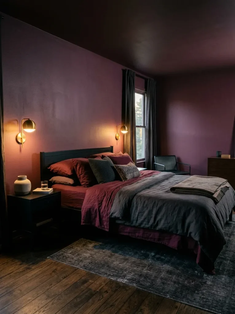 deep plum walls dark feminine bedroom idea modern