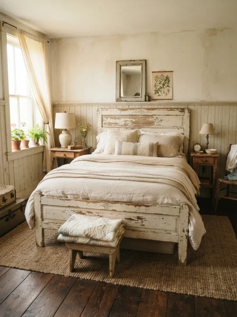 distressed wood bedframe vintage farmhouse bedroom idea 2026