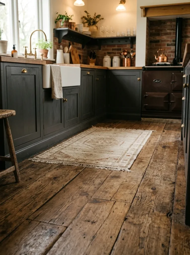 distressed wood floors moody farmhouse kitchen idea 2026