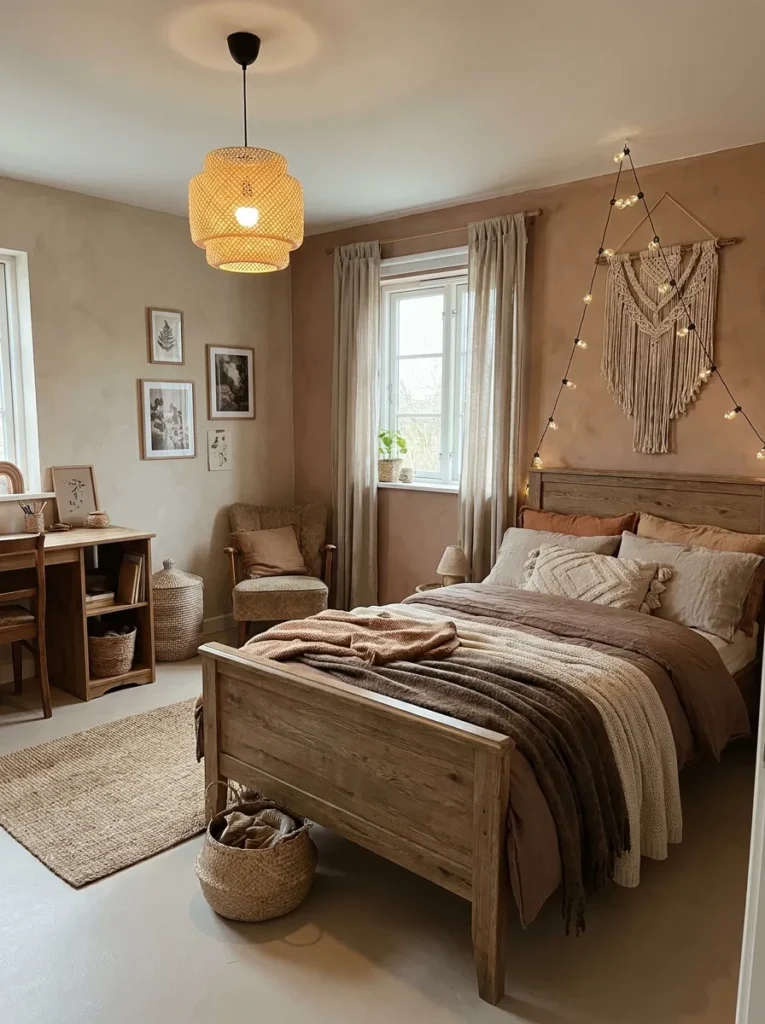Warm boys bedroom with muted earth tone walls, cozy textures and natural materials