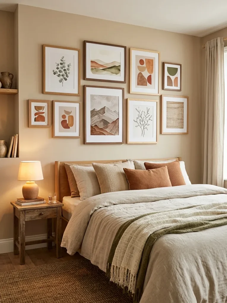earth tone gallery wall cozy earthy bedroom idea 2026
