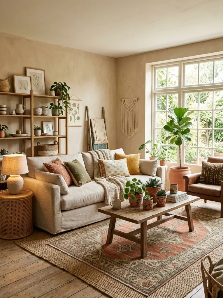 earthy color palette boho living room idea 2026